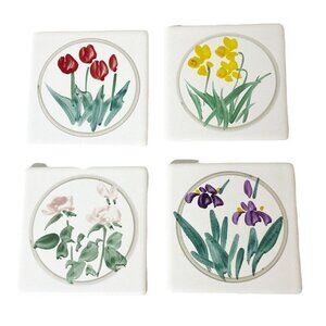 Vintage Hand Painted Floral Flowers Set of 4 Ceramic Tile Coasters Set Box 3.5"